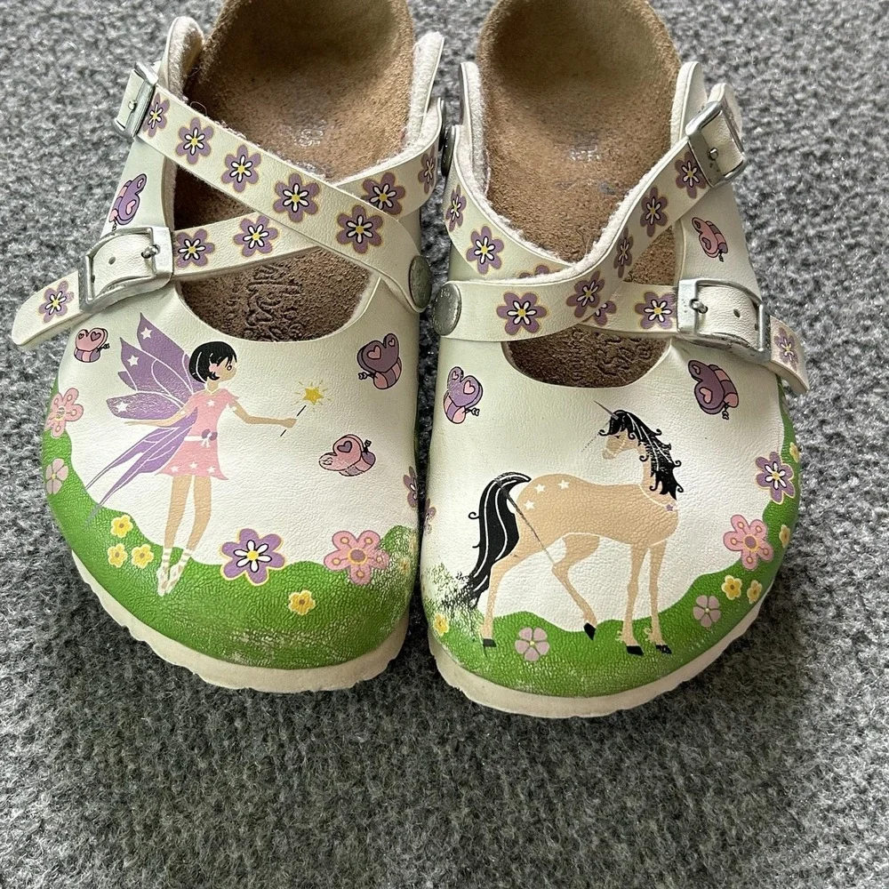 Birki's Shoes Girls Size 13 White Fairy Horse Clog Sandals Buckle Germany
